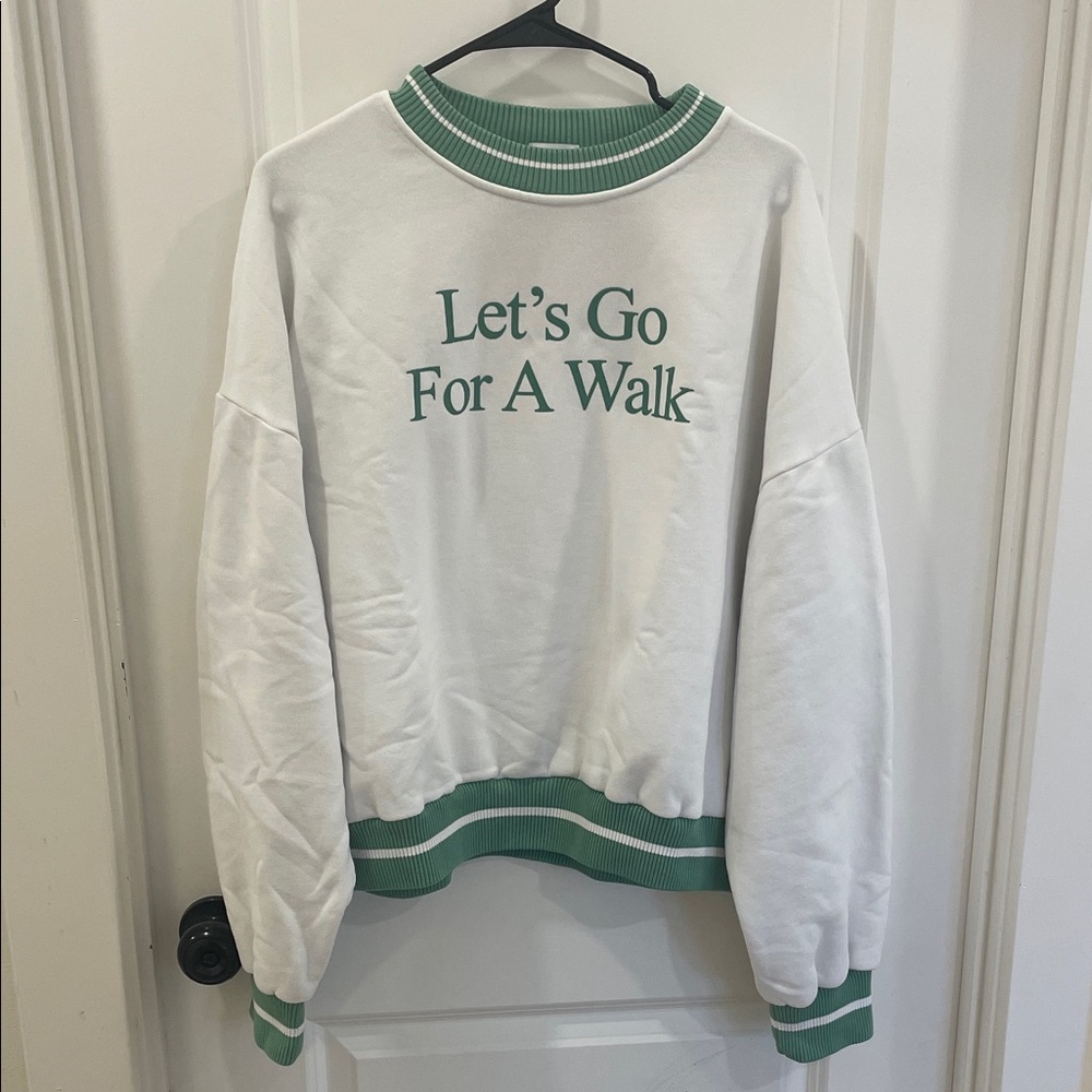 Green and White Women's Sweatshirt with 'Let's Go For A Walk' Print